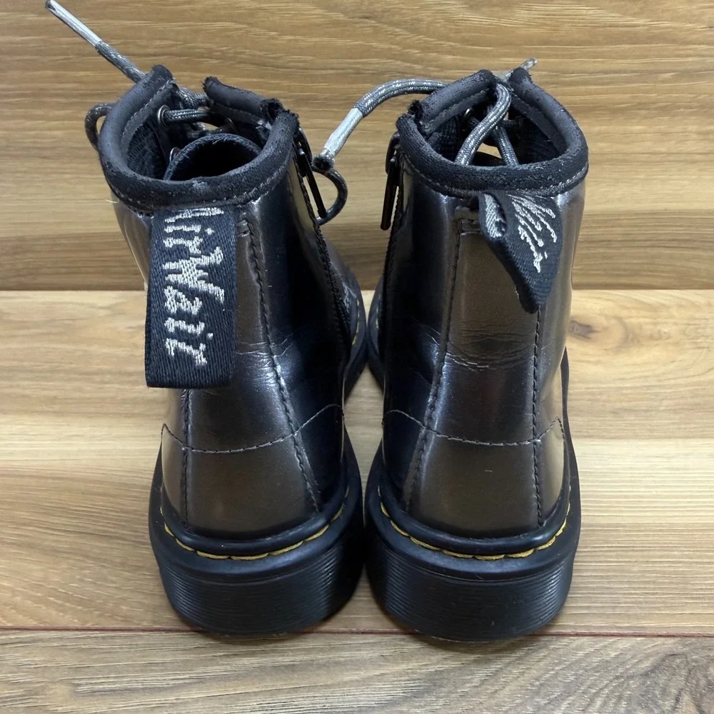 Dr Martens Little Girls Combat Boots 12 Pewter Metallic Patent Leather Zip 1460